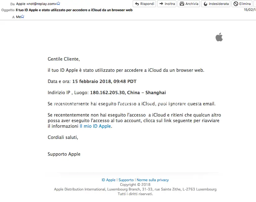 Mail fittizia phishing apple icloud blocco account macbook