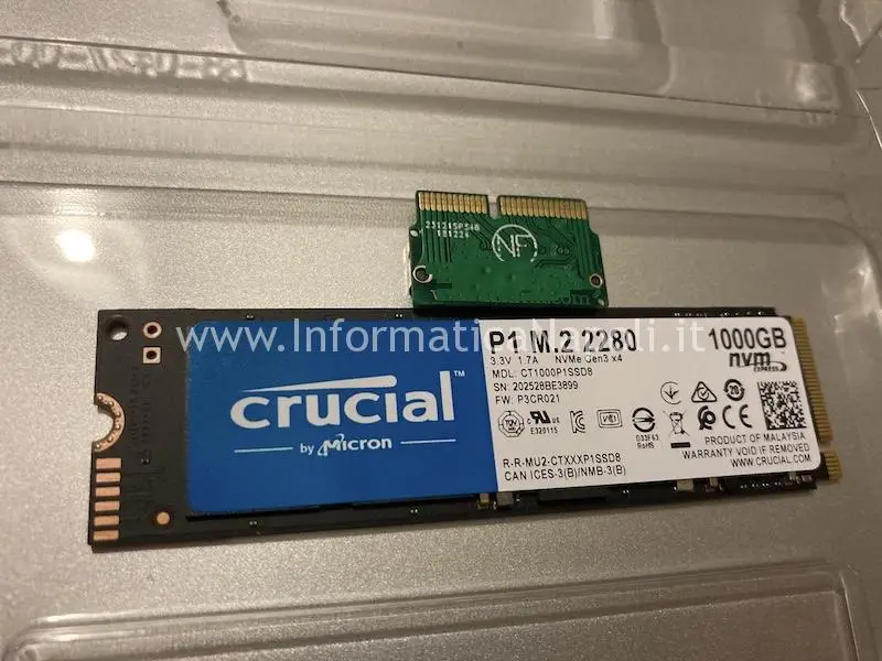 sostituzione upgrade aggiornamento disco Crucial P1 NVMe m.2 2280 da 1TB per Upgrade SSD mac pro 15 A1481 e adattatore | assistenza Apple