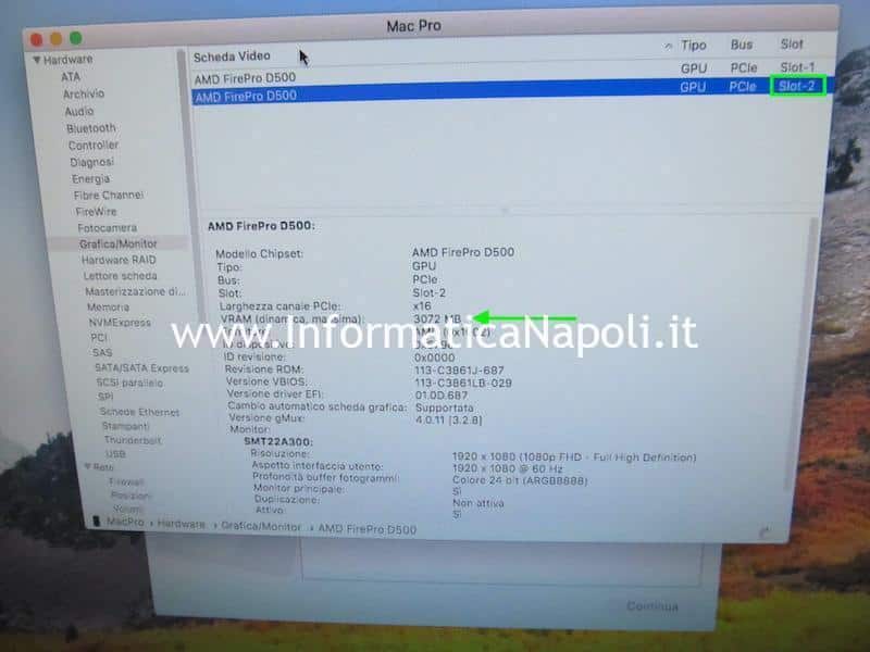 problema scheda video Apple Mac Pro 2013 A1481 FirePro D300 D500 D700 non funziona artefizi