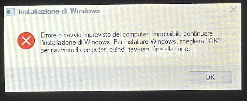 errore o riavvio imprevisto scegliere OK per riavviare il computer macbook boot camp
